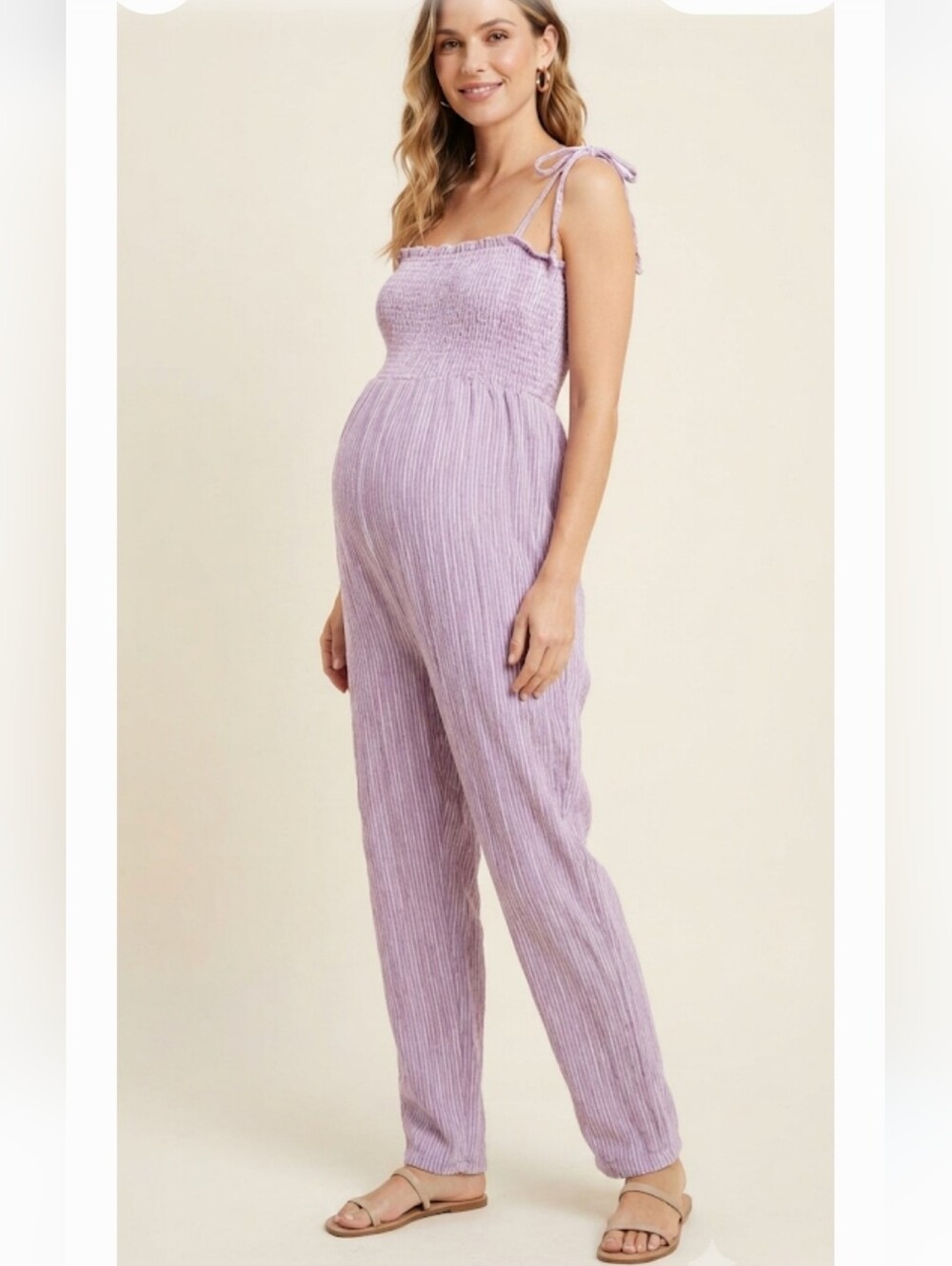 Hatch Lavender Tie-Shoulder Smocked Maternity Jumpsuit